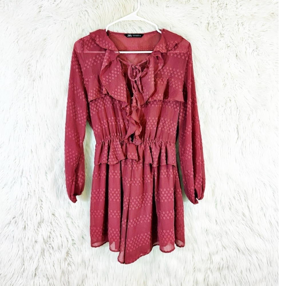 Ruffled pink mauve polka dot ruffle long sleeve romper